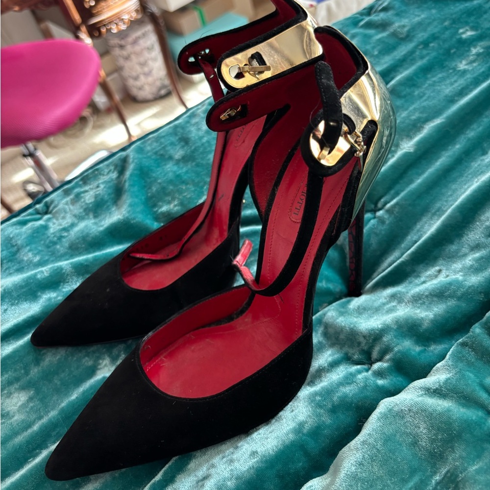 Cesare Paciotti Black and Gold Pointed Toe Ankle-Strap Pumps - Women